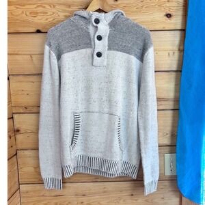 Hedge Mens Marled Knit Button Henley Hoodie Sweater Grey Cream 70MS116BO‎ Size M